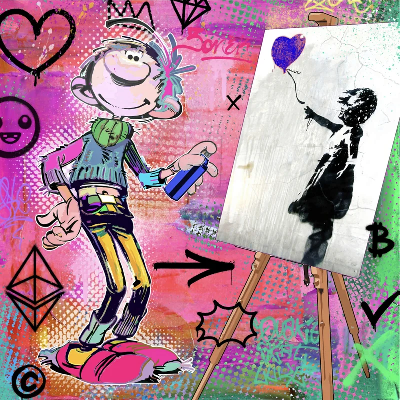 Spannrahmenbild Comicfigur mit Spraydose im Graffiti Stil Quadrat