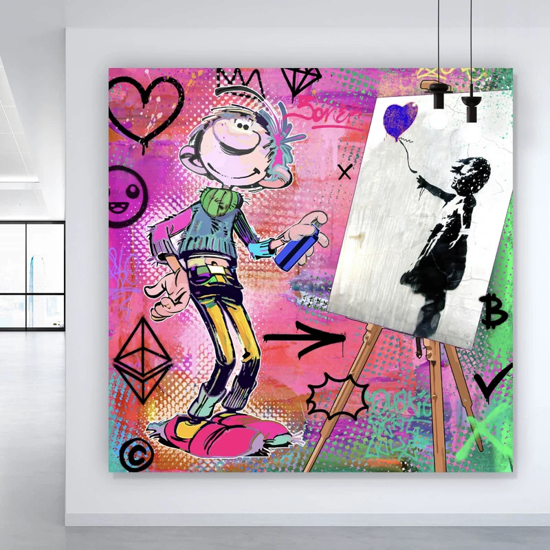 Acrylglasbild Comicfigur mit Spraydose im Graffiti Stil Quadrat