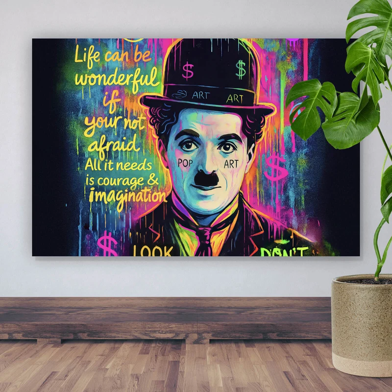 Aluminiumbild Charlie Chaplin Neon Pop Art Querformat