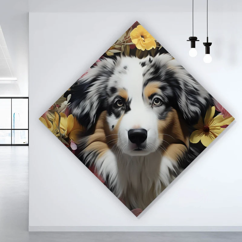 Leinwandbild Australian Shepherd umgeben von Blumenmeer Raute