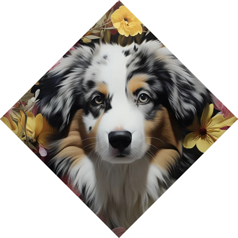 Poster Australian Shepherd umgeben von Blumenmeer Raute