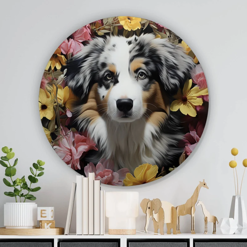 Aluminiumbild gebürstet Australian Shepherd umgeben von Blumenmeer Kreis