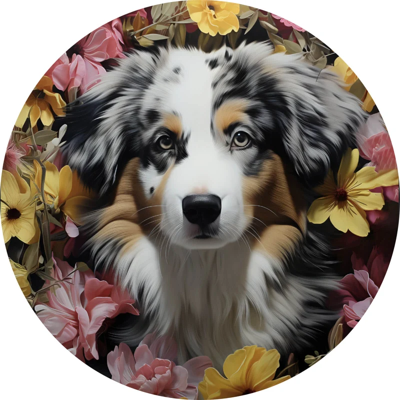 Aluminiumbild gebürstet Australian Shepherd umgeben von Blumenmeer Kreis