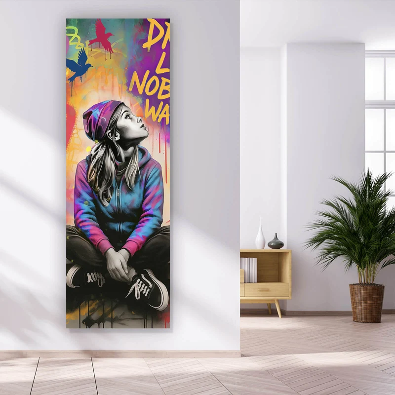 Aluminiumbild Junge Frau vor Graffiti Hintergrund Panorama Hoch