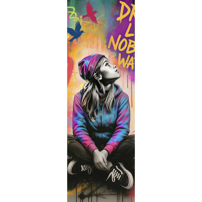 Aluminiumbild Junge Frau vor Graffiti Hintergrund Panorama Hoch