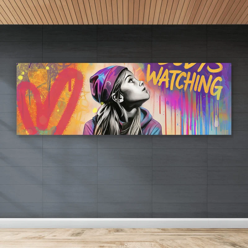 Poster Junge Frau vor Graffiti Hintergrund Panorama