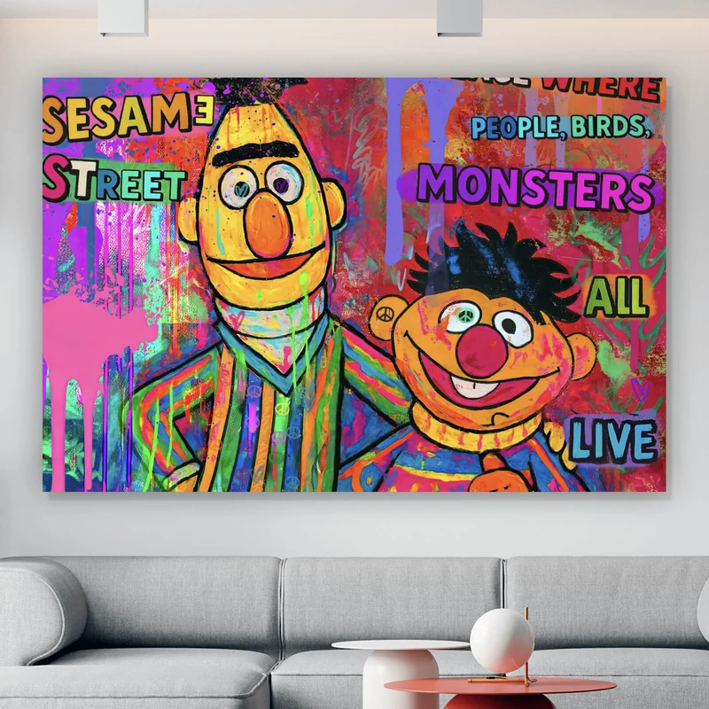 Spannrahmenbild Berühmte Figuren einer Kinder Fernsehserie Pop Art Querformat