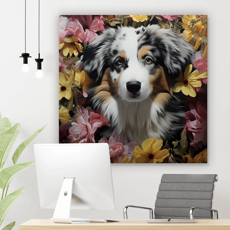 Acrylglasbild Australian Shepherd umgeben von Blumenmeer Quadrat
