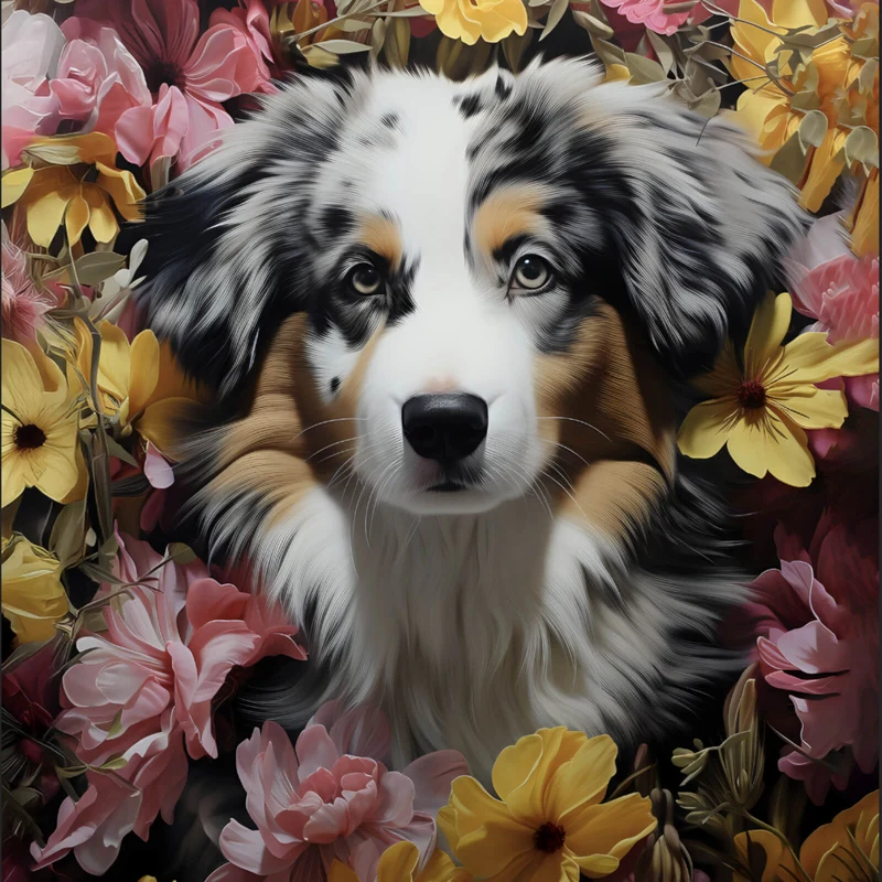 Aluminiumbild Australian Shepherd umgeben von Blumenmeer Quadrat