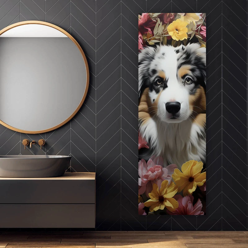 Aluminiumbild gebürstet Australian Shepherd umgeben von Blumenmeer Panorama Hoch