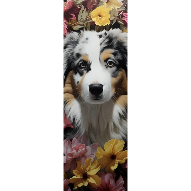 Aluminiumbild Australian Shepherd umgeben von Blumenmeer Panorama Hoch