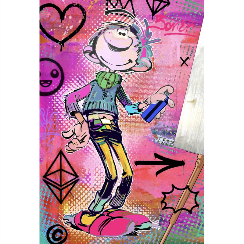 Spannrahmenbild Comicfigur mit Spraydose im Graffiti Stil Hochformat