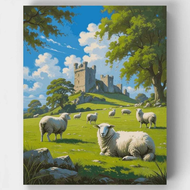 Pastoral Castle Landscape with Sheep - Paint by Numbers Kit