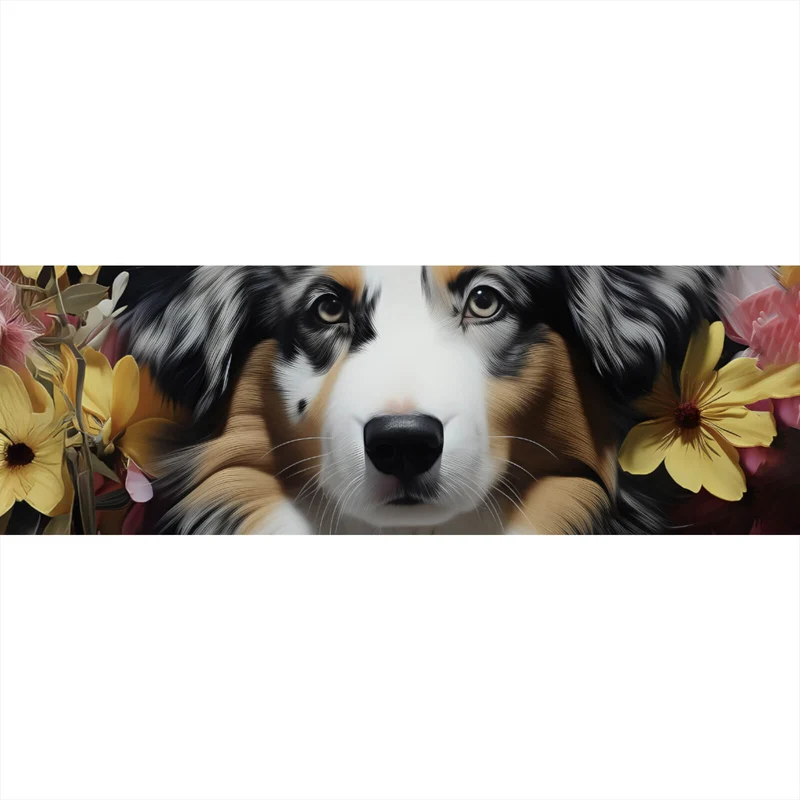 Acrylglasbild Australian Shepherd umgeben von Blumenmeer Panorama