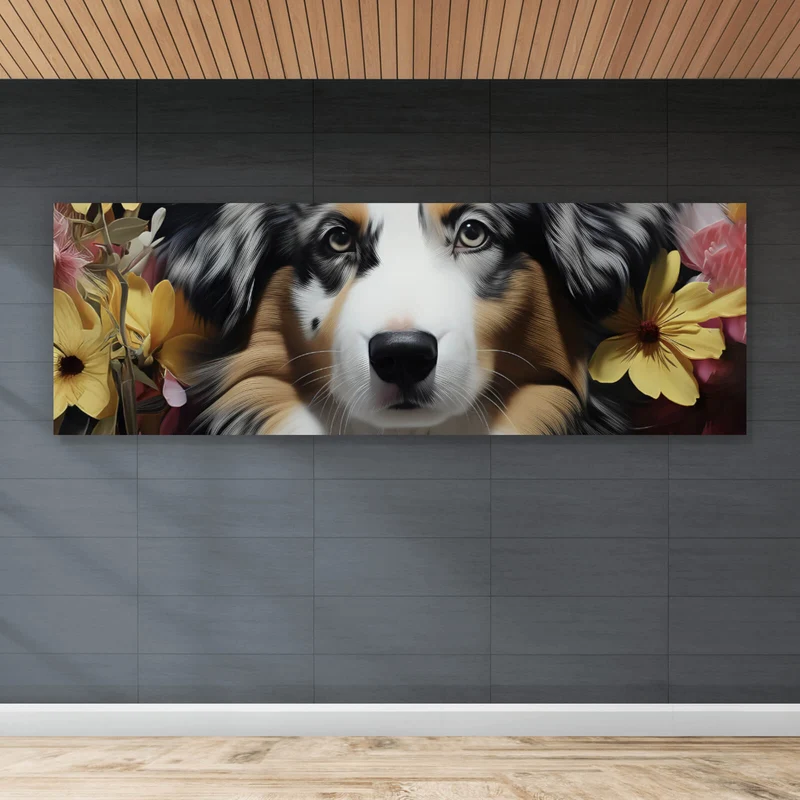 Poster Australian Shepherd umgeben von Blumenmeer Panorama