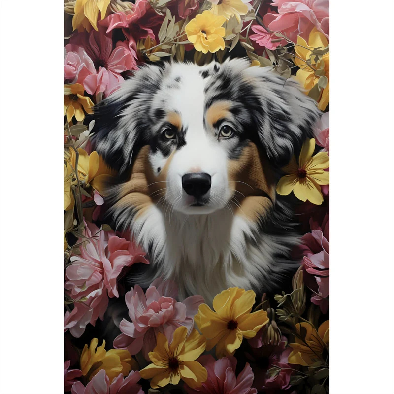 Acrylglasbild Australian Shepherd umgeben von Blumenmeer Hochformat