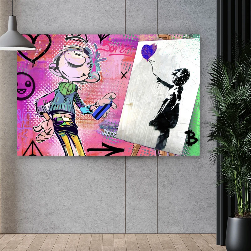 Acrylglasbild Comicfigur mit Spraydose im Graffiti Stil Querformat