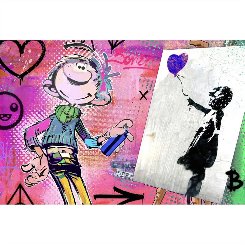 Acrylglasbild Comicfigur mit Spraydose im Graffiti Stil Querformat