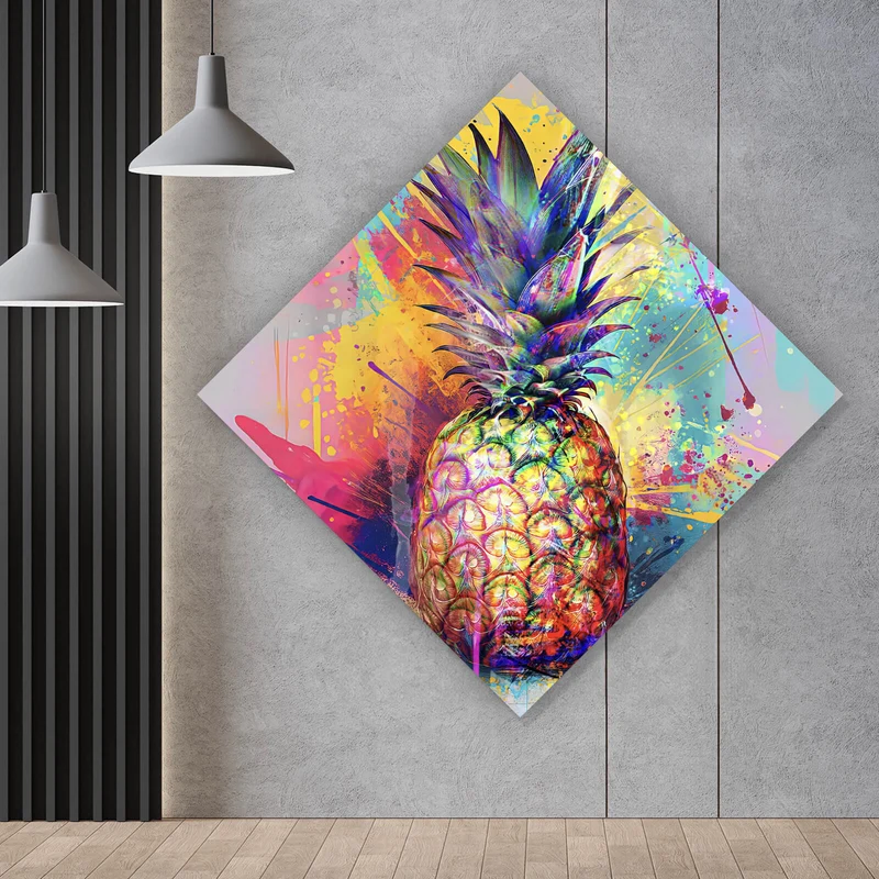 Spannrahmenbild Bunte Ananas mit knalligen Farbspritzer Hintergrund Raute