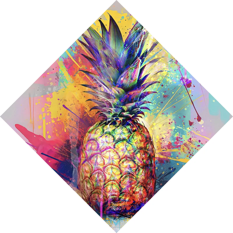 Spannrahmenbild Bunte Ananas mit knalligen Farbspritzer Hintergrund Raute