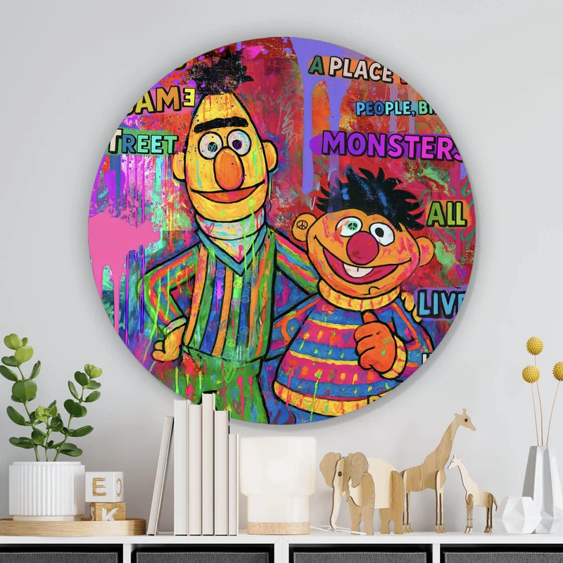 Aluminiumbild gebürstet Berühmte Figuren einer Kinder Fernsehserie Pop Art Kreis