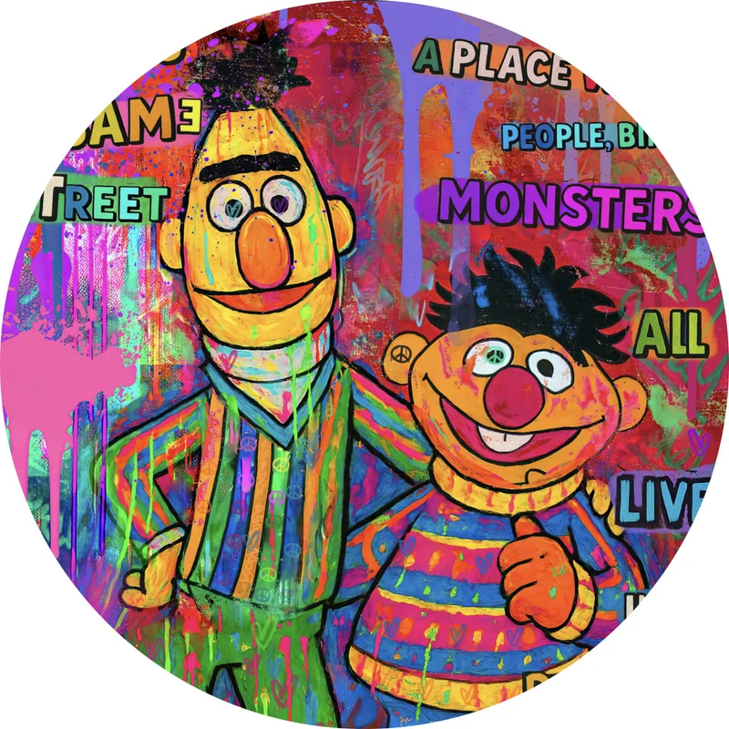 Aluminiumbild gebürstet Berühmte Figuren einer Kinder Fernsehserie Pop Art Kreis