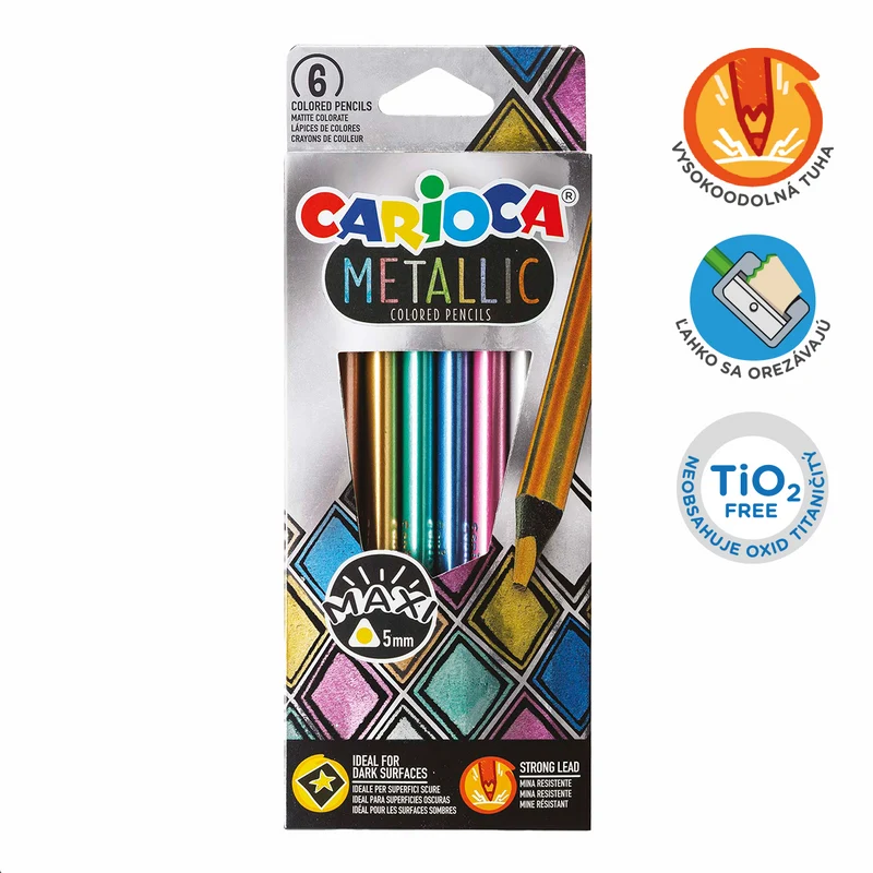 Триъгълни металикови цветни моливи Carioca Metallic, 6 бр.