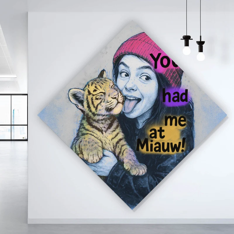 Aluminiumbild Jugendliches Mädchen mit einem Tigerjungen Street Art Raute