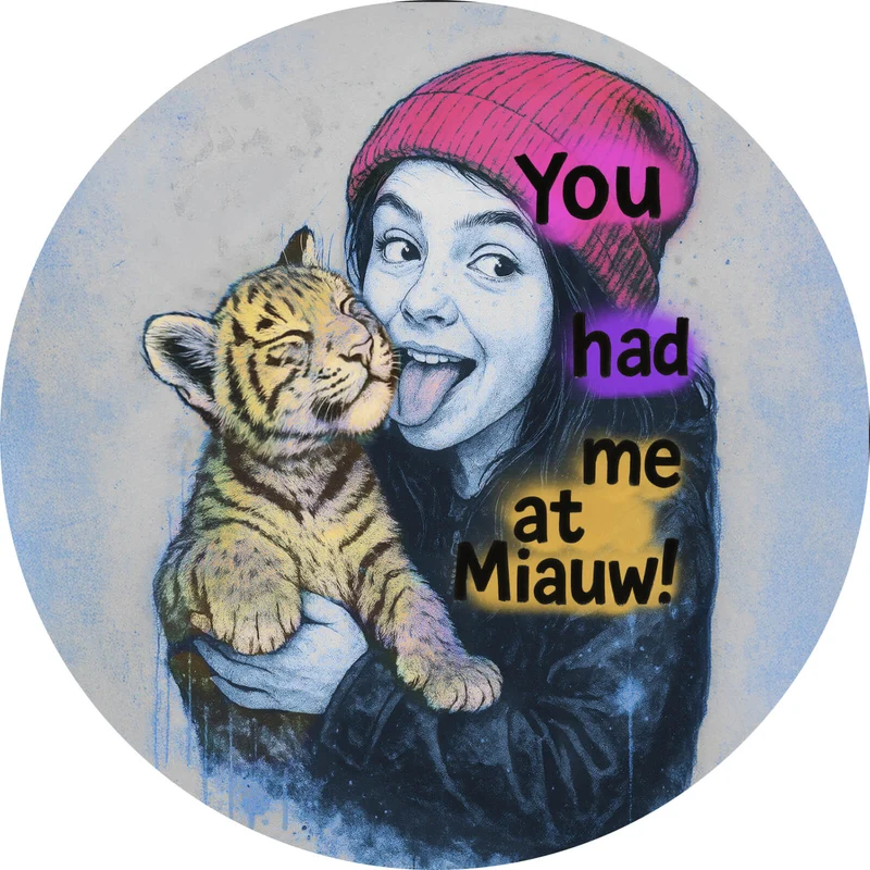 Aluminiumbild gebürstet Jugendliches Mädchen mit einem Tigerjungen Street Art Kreis