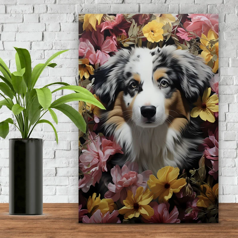 Aluminiumbild Australian Shepherd umgeben von Blumenmeer Hochformat