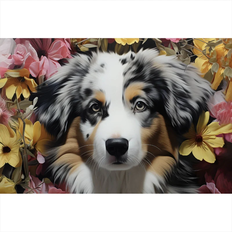 Spannrahmenbild Australian Shepherd umgeben von Blumenmeer Querformat