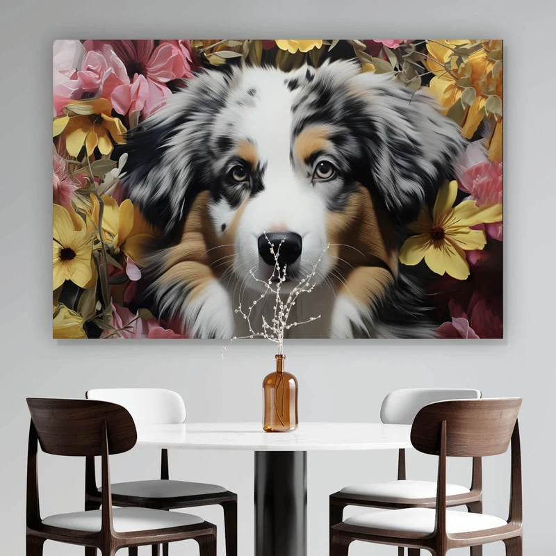 Acrylglasbild Australian Shepherd umgeben von Blumenmeer Querformat