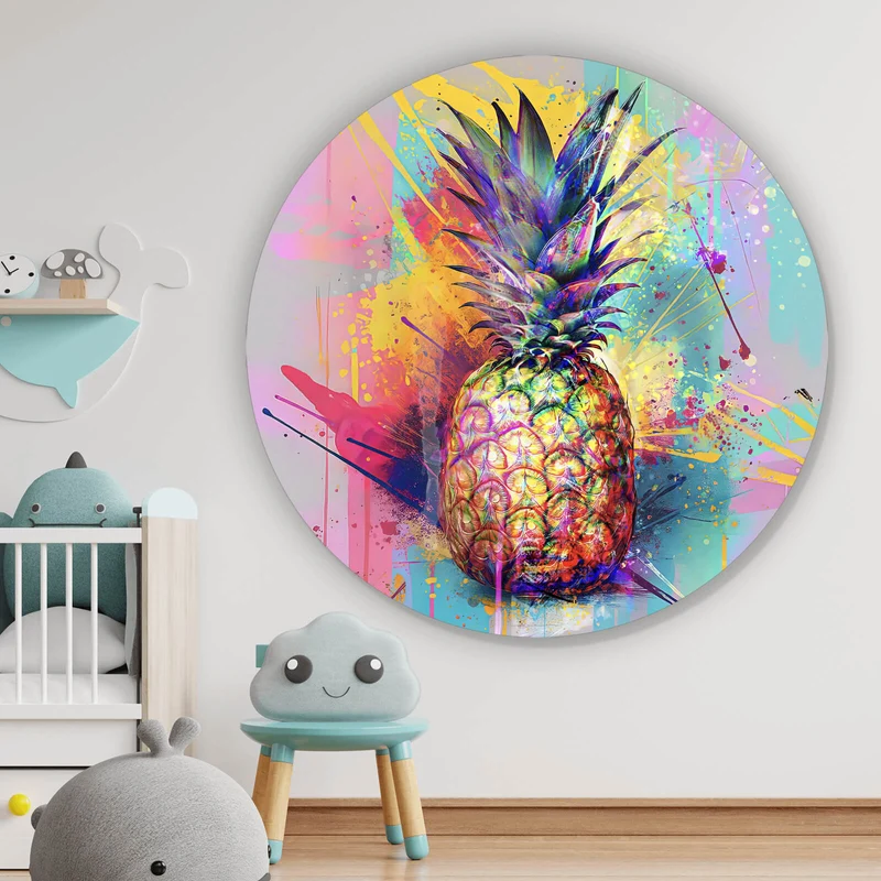 Aluminiumbild gebürstet Bunte Ananas mit knalligen Farbspritzer Hintergrund Kreis