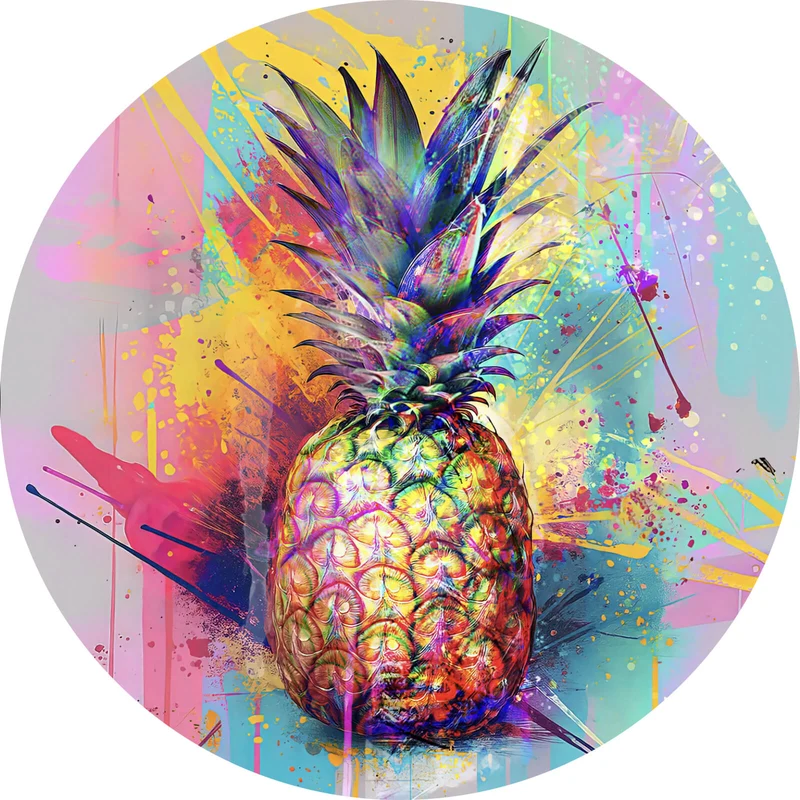 Aluminiumbild gebürstet Bunte Ananas mit knalligen Farbspritzer Hintergrund Kreis