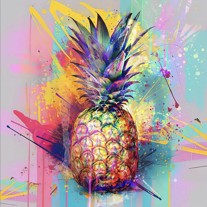 Leinwandbild Bunte Ananas mit knalligen Farbspritzer Hintergrund Quadrat