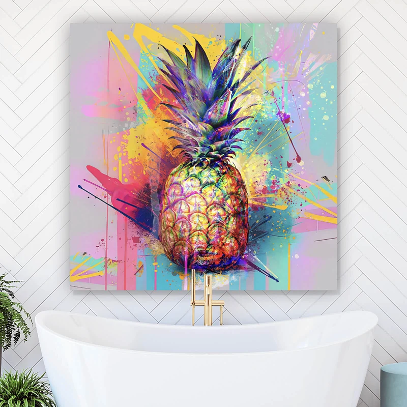 Poster Bunte Ananas mit knalligen Farbspritzer Hintergrund Quadrat