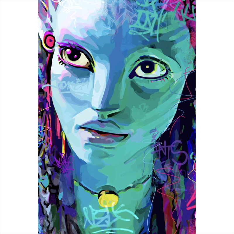 Acrylglasbild Fantasievolles Porträt in leuchtenden Farben mit Graffiti Elementen Hochformat