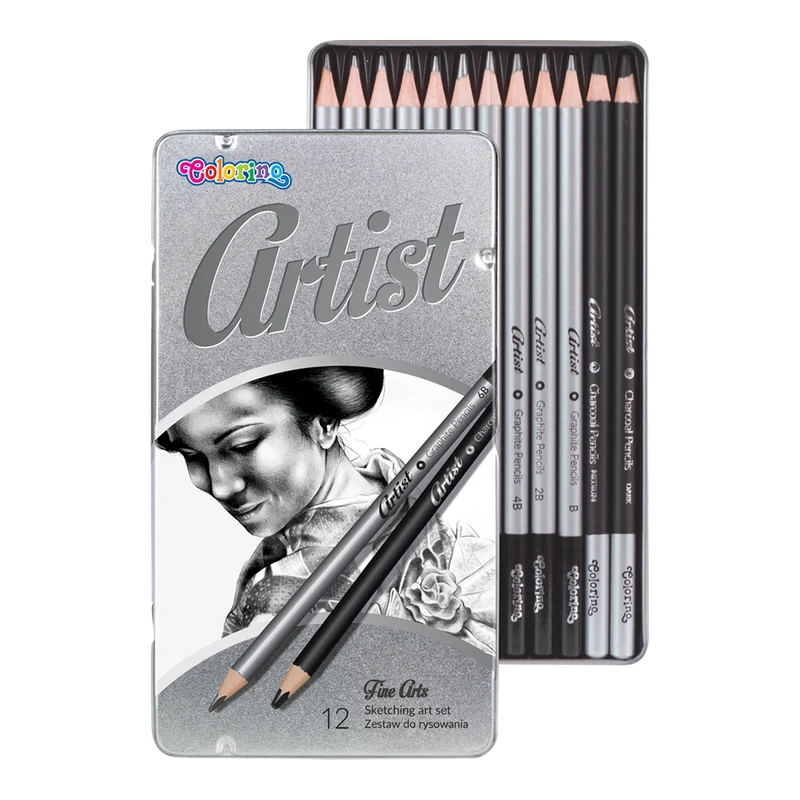 Colorino Artist Zeichenset mit Graphitstiften und Zeichenkohle im Metalletui