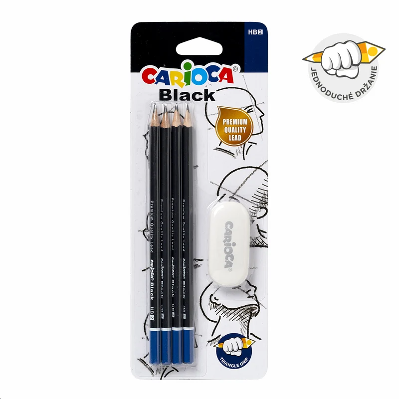 Σετ τριγωνικά μολύβια Carioca Black 2/HB με γόμα, 4 τμχ