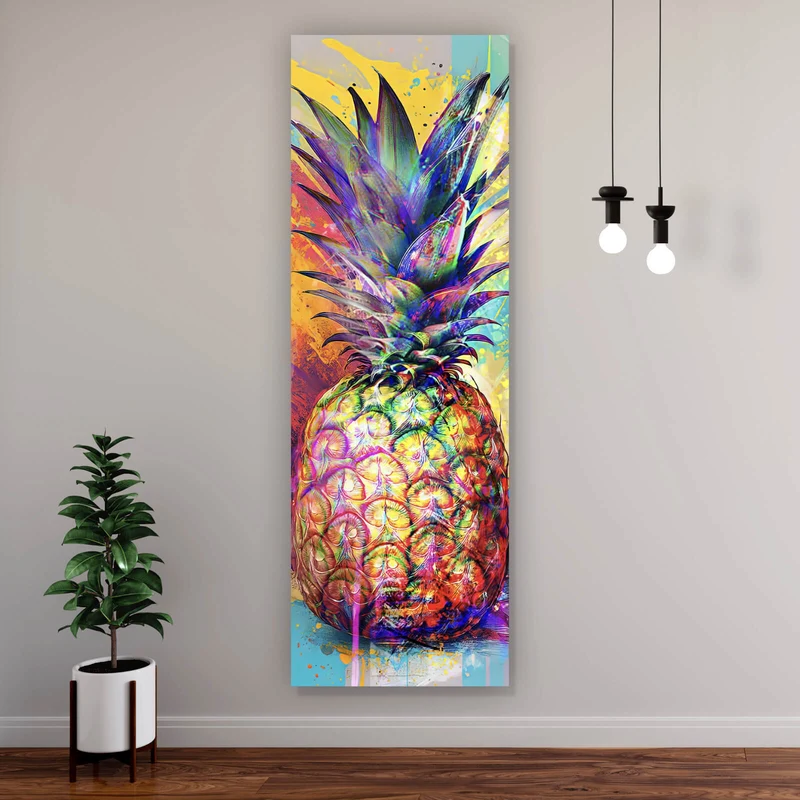Poster Bunte Ananas mit knalligen Farbspritzer Hintergrund Panorama Hoch