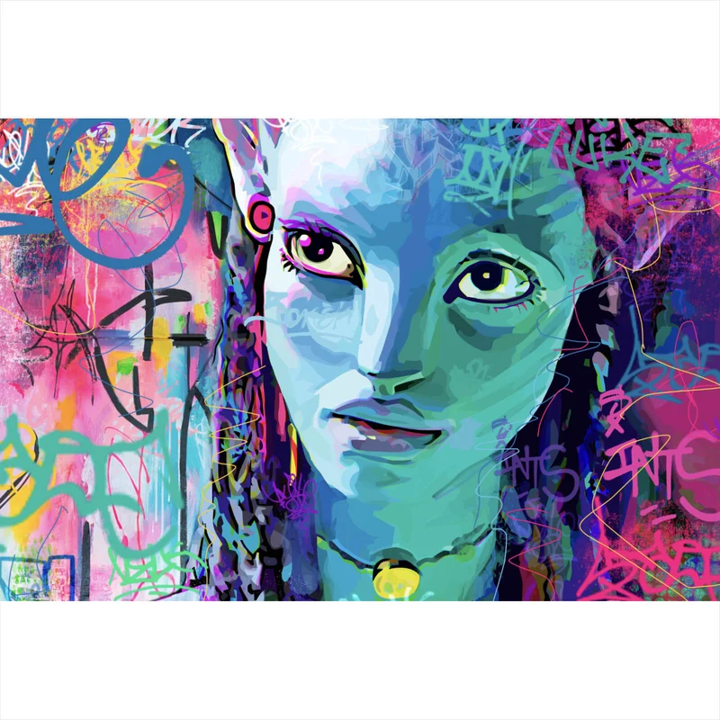 Acrylglasbild Fantasievolles Porträt in leuchtenden Farben mit Graffiti Elementen Querformat