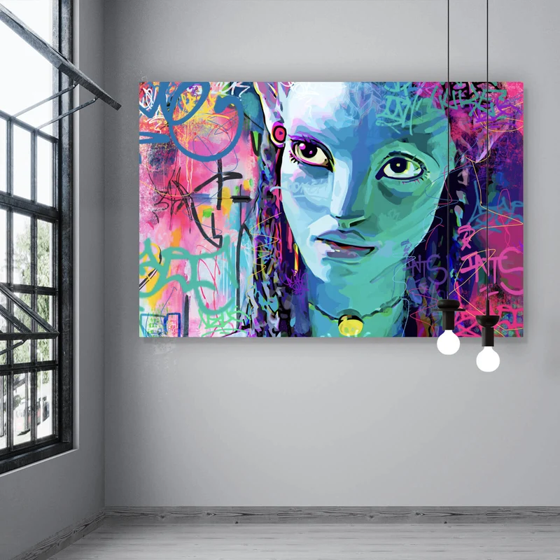 Poster Fantasievolles Porträt in leuchtenden Farben mit Graffiti Elementen Querformat