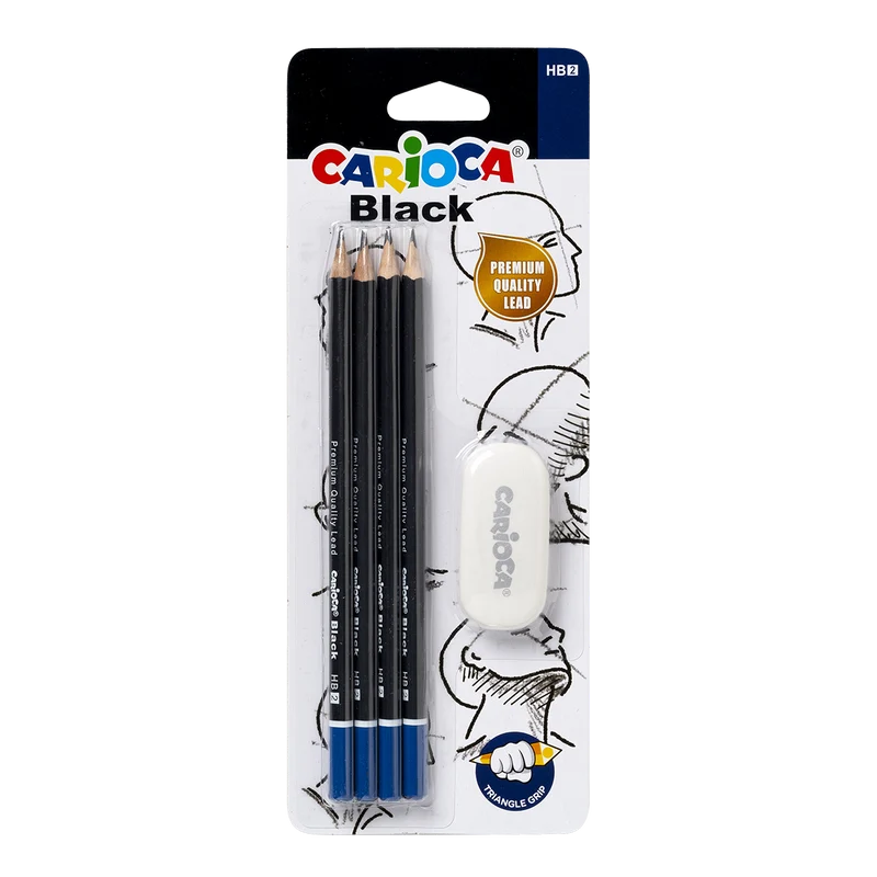 Carioca Dreikant-Bleistift-Set Black 2/HB mit Radiergummi, 4 Stk.