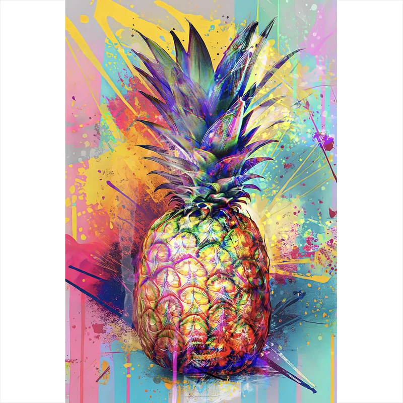Spannrahmenbild Bunte Ananas mit knalligen Farbspritzer Hintergrund Hochformat