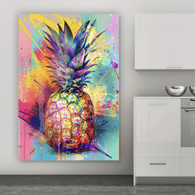 Acrylglasbild Bunte Ananas mit knalligen Farbspritzer Hintergrund Hochformat