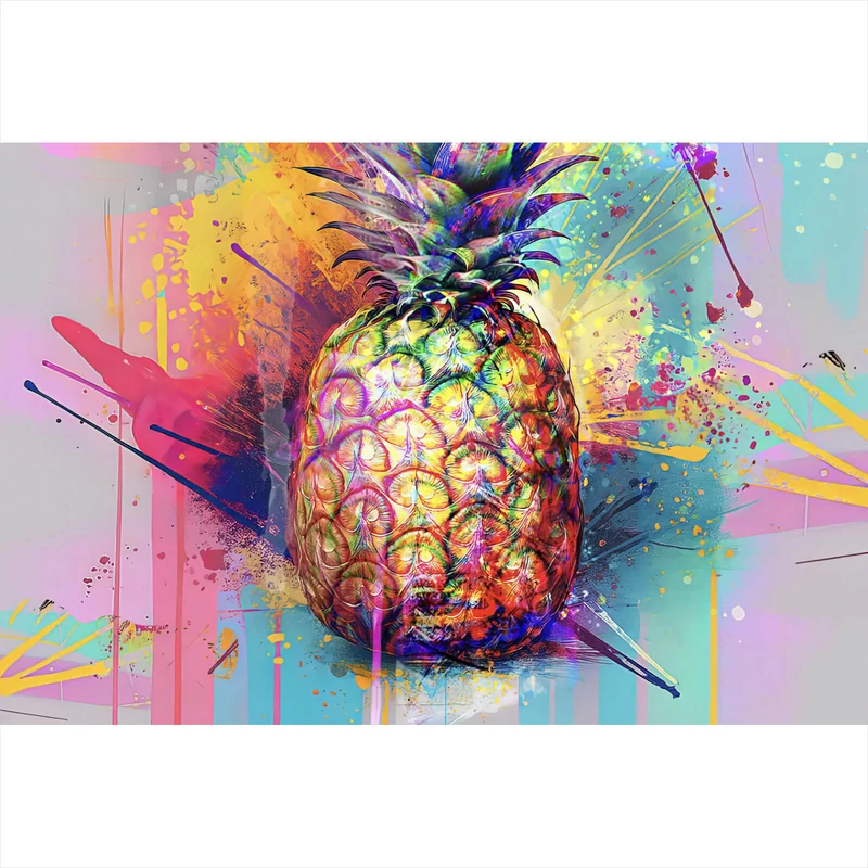 Acrylglasbild Bunte Ananas mit knalligen Farbspritzer Hintergrund Querformat