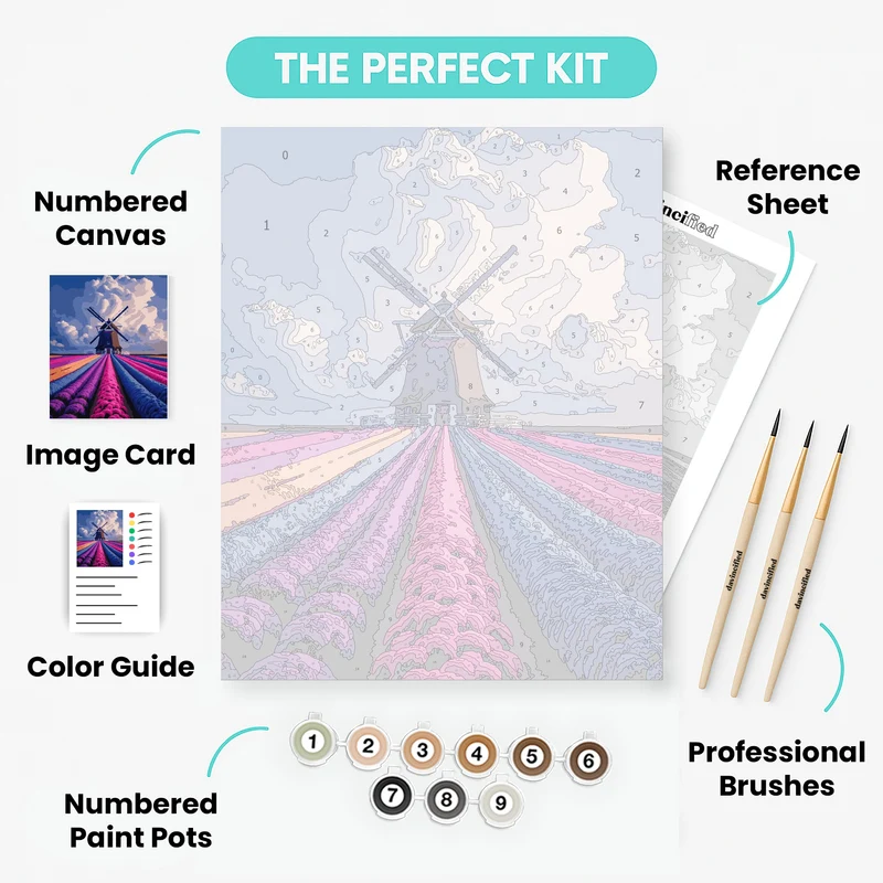 Dutch Windmill and Colorful Flower Fields - Paint by Numbers Kit