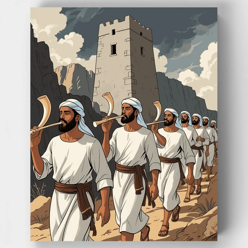 Priests with Horns Marching to Ancient Tower - Paint by Numbers Kit