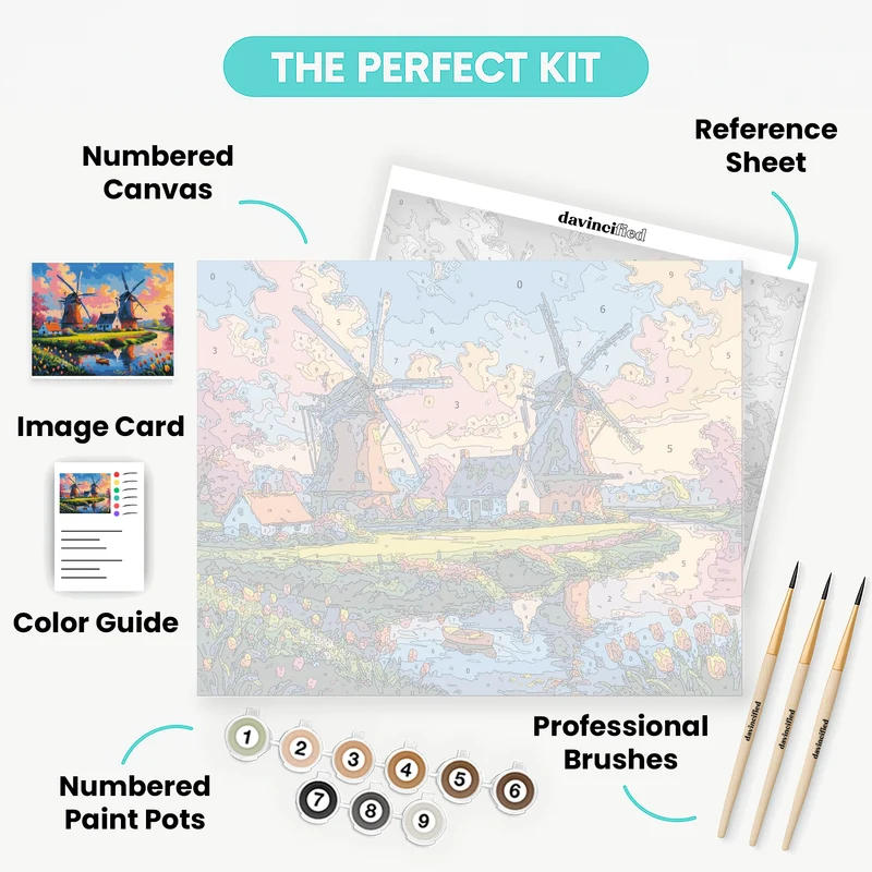 Dutch Windmills at Sunset - Paint by Numbers Kit