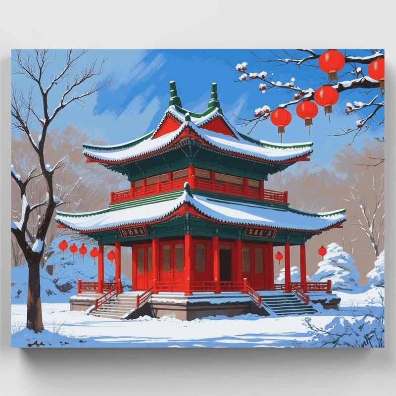 Traditional Asian Pagoda in Winter - Paint by Numbers Kit